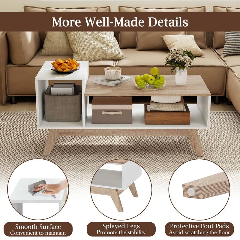 Gymax Coffee Table 43'' Center Table w/ Stepped Tabletop & Storage