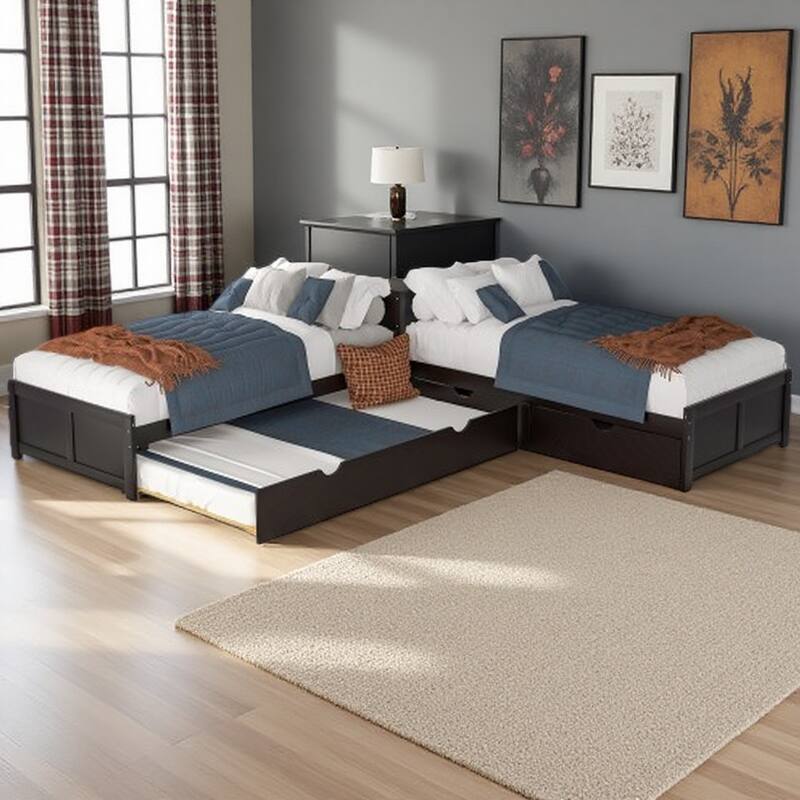 Solid Wood L-Shaped Bed with Trundle, Desk & Drawers - 3-in-1 Sleeping and Study Area - Espresso