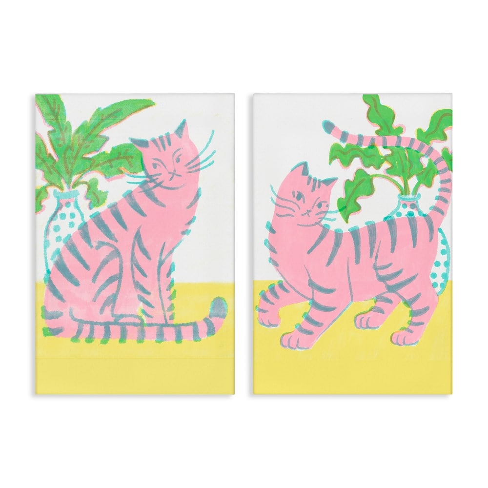 Stupell Pastel Pink Cats & Plants Canvas Wall Art Design By Hannah Moren (Set of 2)
