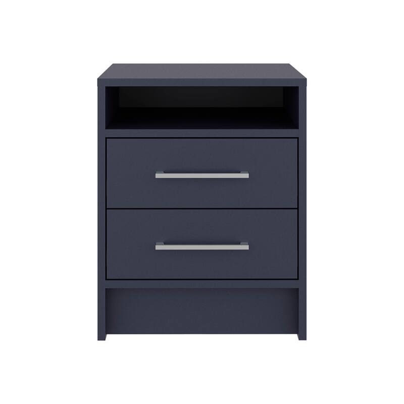 Modern Nightstand with Open Shelf and Two Drawers, Minimalist Design, Metal Hardware