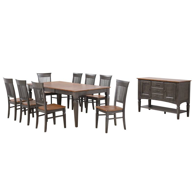 Expanding Dining Table Set - 6-8 Seater with Chairs & Buffet - Distressed Brown Wood Finish