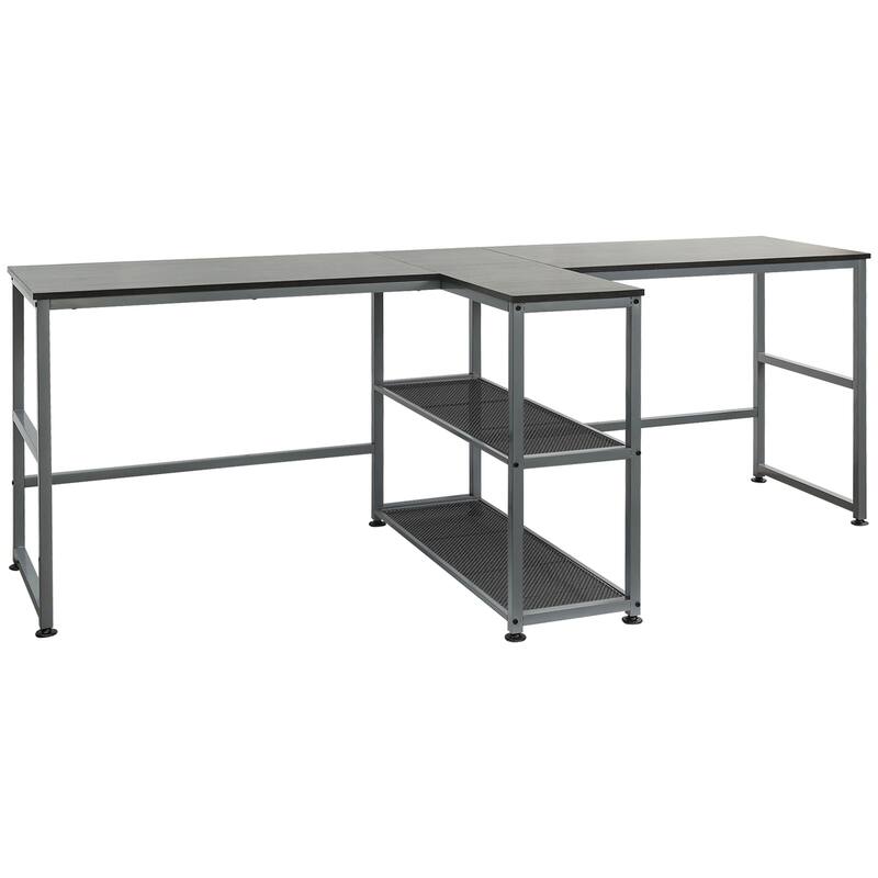 Dual Workspace 83" Computer Desk with 2 Storage Shelves, Sturdy Steel Frame, Perfect for Home Office or Study Room - Black