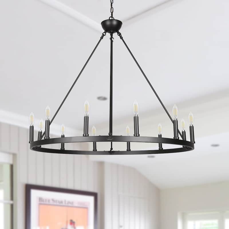 12 Light Chandelier Wagon Wheel (37” Wide) Matte Black Steel Frame