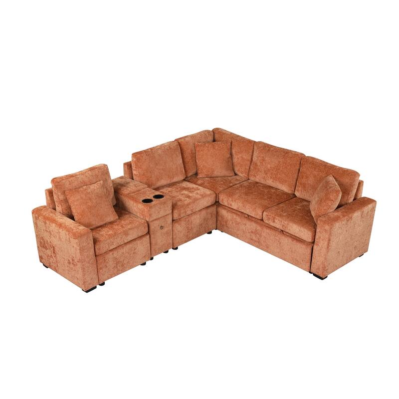 120.5" L-shaped Convertible Sofa Bed, Orange Chenille