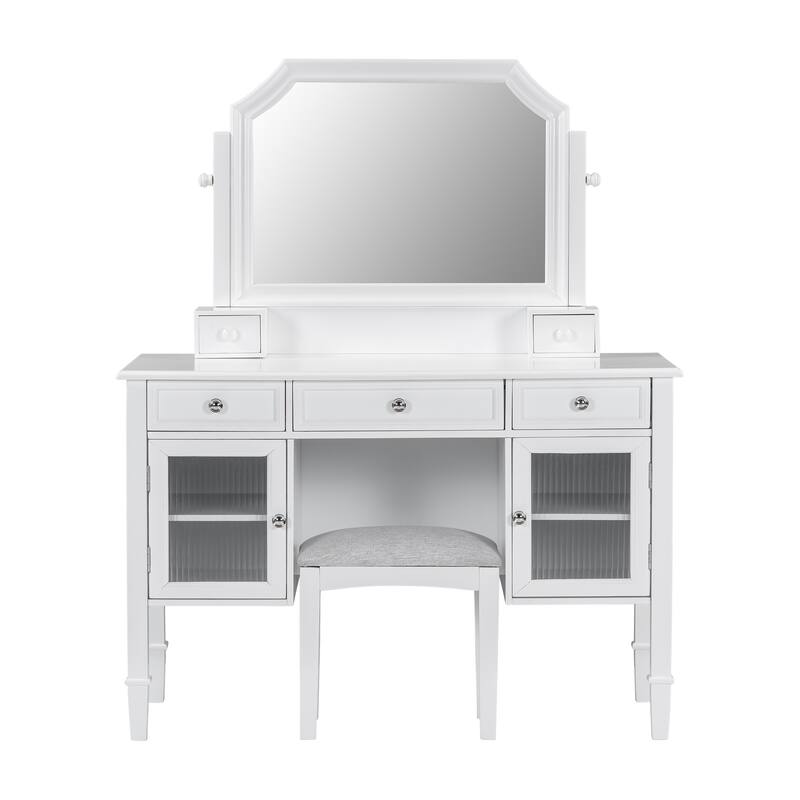 Vanity Desk with Large Adjustable Mirror, Large Wooden Dressing Table Set, Makeup Table with Fluted Door Glass & 5 Drawers