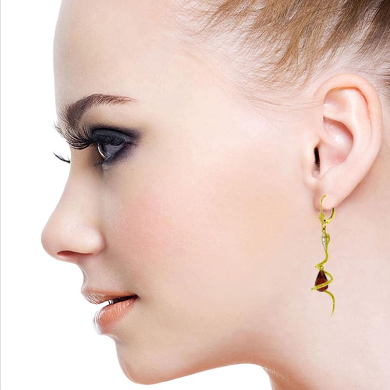 14K Solid Gold Snake Earrings w/ Dangling Briolette Garnets & Diamonds