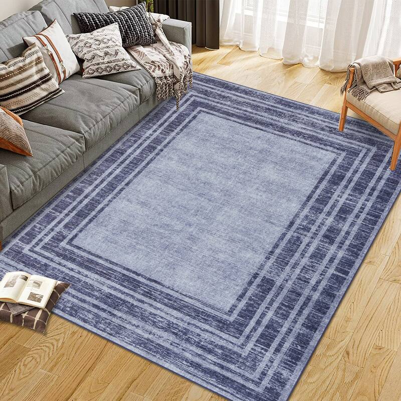 Washable Area Rugs for Living Room, Soft Modern Bordered Rug Non Slip Low Profile Carpets for Bedroom Dining Room