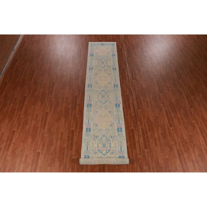 Hand Knotted Oriental 100% Wool Carpet Transitional Geometric Greys & Charcoal Oushak Runner Rug - 17' 6'' X 3' 1''