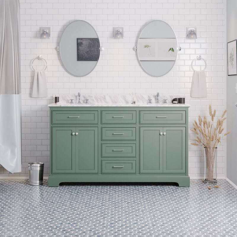 KitchenBathCollection Aria 60" Double Bathroom Vanity with Carrara Marble Top