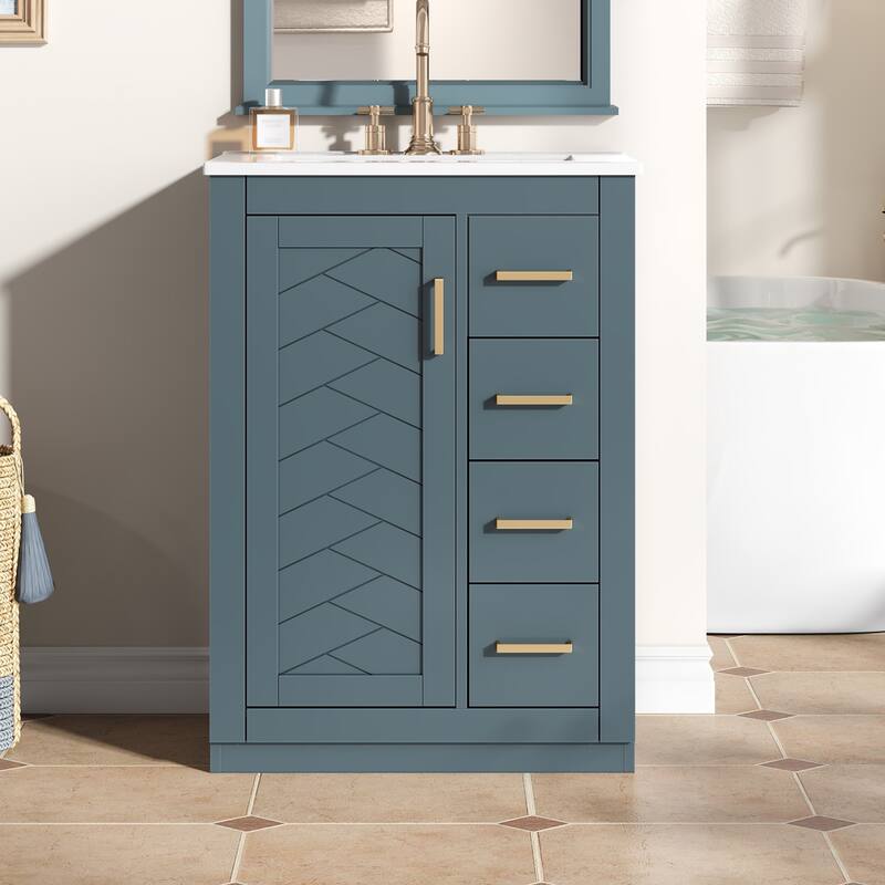 24" Bathroom Vanity with Integrated Ceramic Sink, Bathroom Cabinet with 1 Door, 3 Drawers, Single Sink Bathroom Vanity - Blue