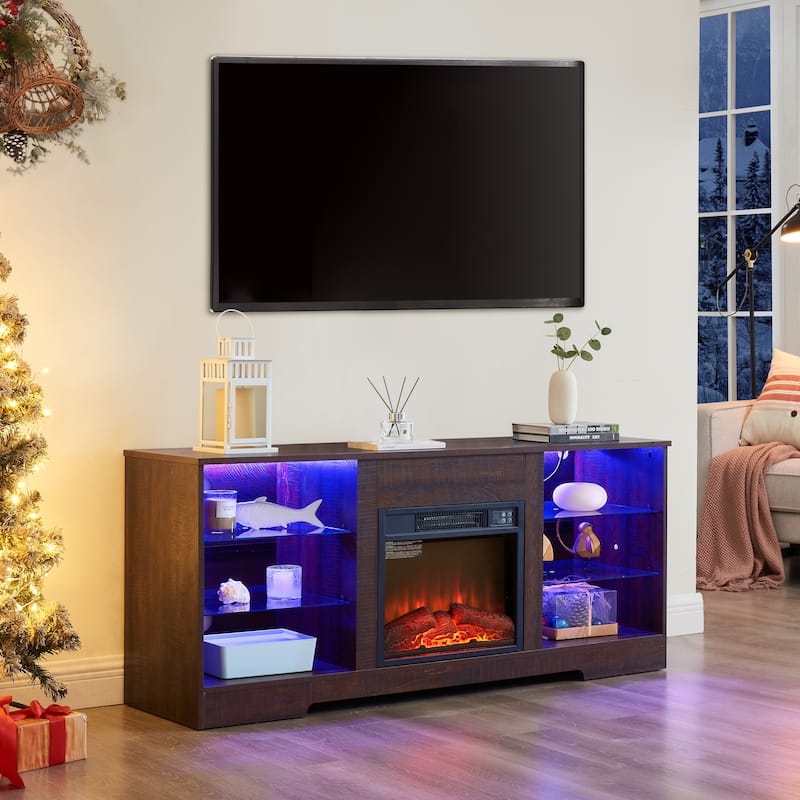 TV Stand Electric Fireplace TV Stand with Glass Shelves
