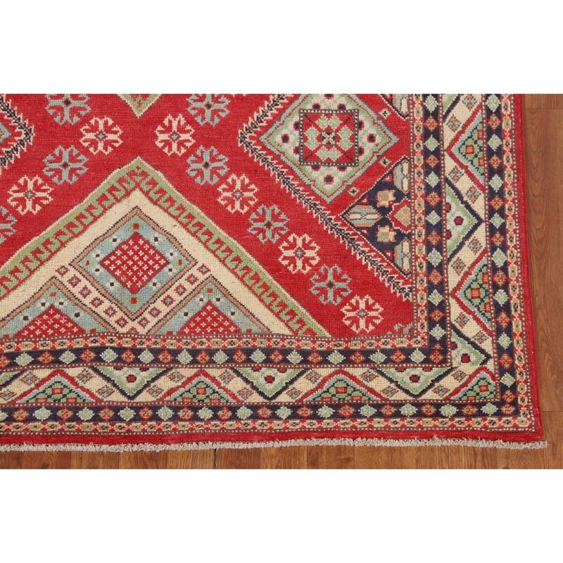 Geometric Kazak Area Rug Hand-Knotted Oriental Wool Carpet - 4'10" x 6'6"