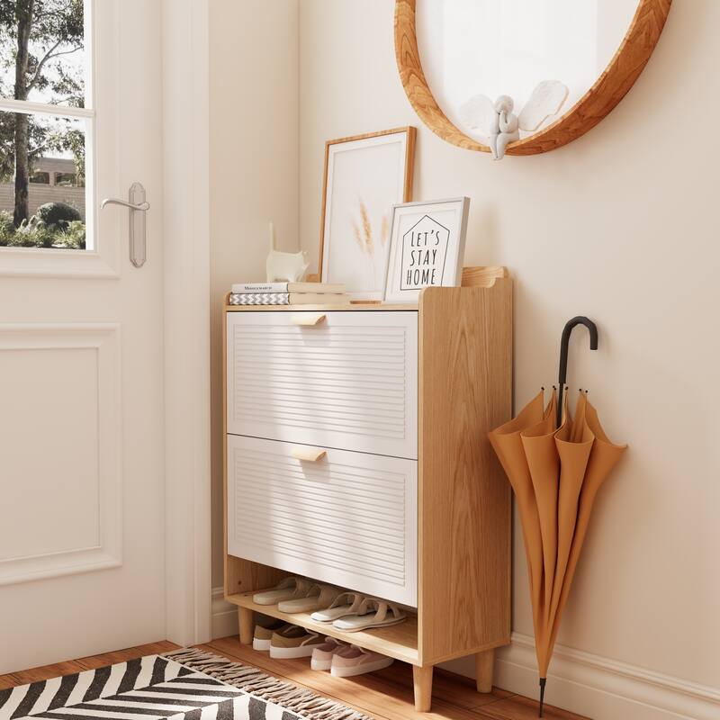 Anmytek White and Wood Entryway Storage Cabinet Flip Down Shoe Organizer for Mudroom and Foyer