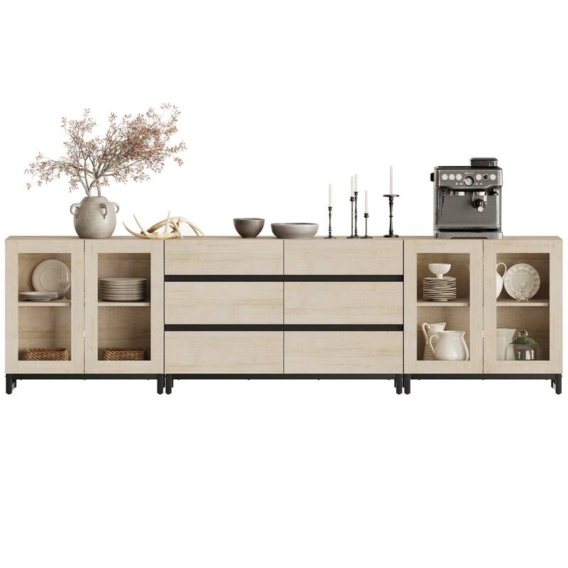 WAMPAT 3 in 1 Multifunctional Dresser with Glass Doors and 6 Drawers, Modern Chest of Drawers for Bedroom