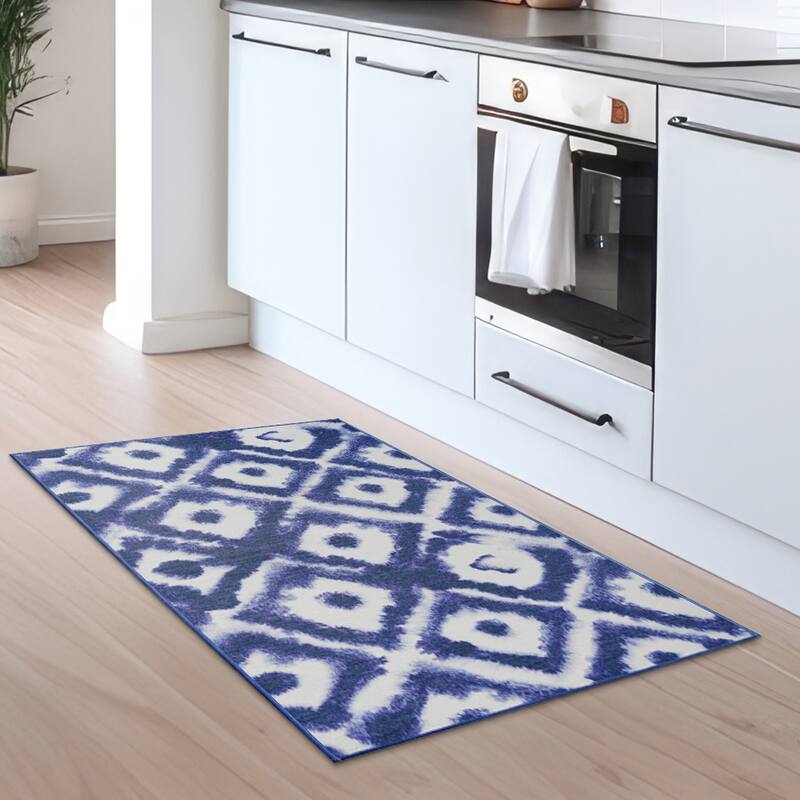 My Magic Carpet Shibori Geometric Diamond Blue Machine Washable Rug