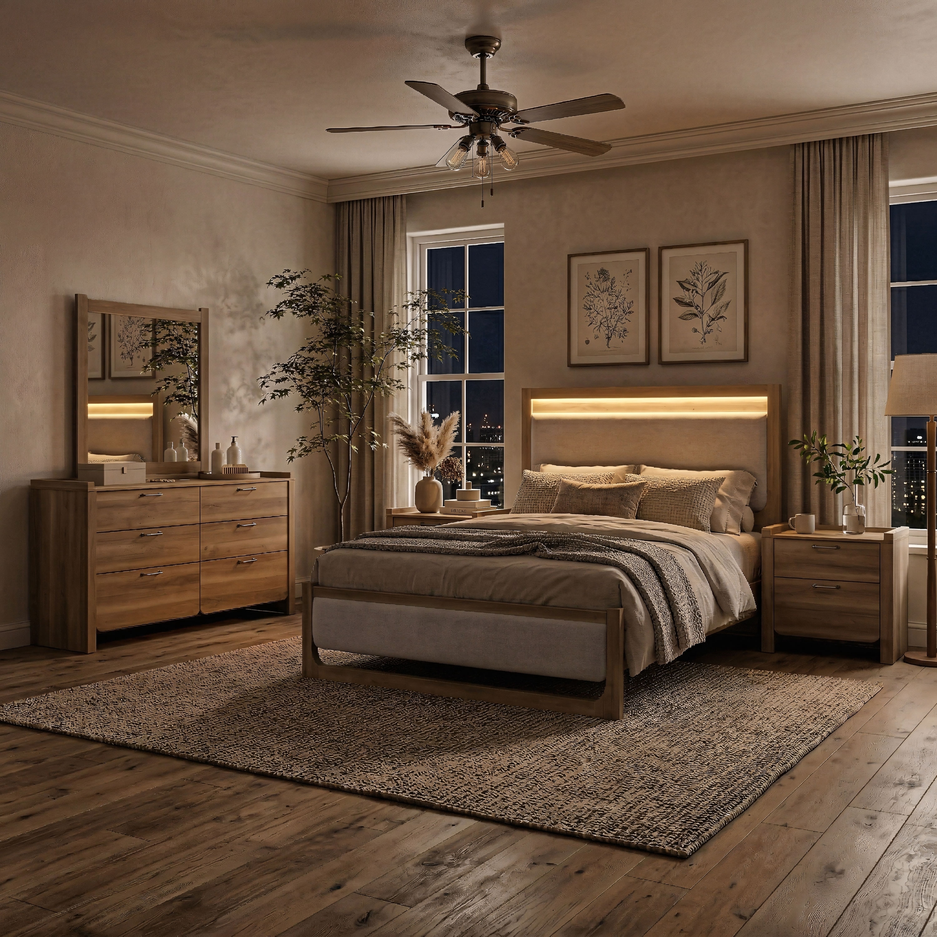 Furniture of America Aluvo Modern 5-Piece Natural Solid Wood Bedroom Set with Dresser, Mirror, and 2 Nightstands