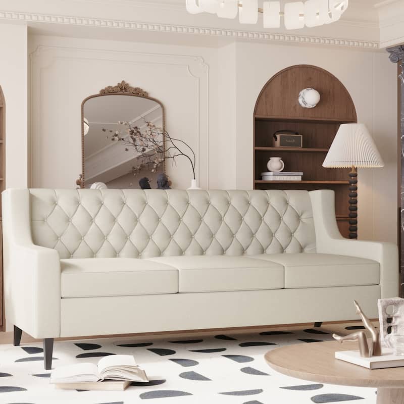 Beige Mid Century Modern 78.75" Polyester 3-seater Sofa with Button Tufted Backrest and Comfy Cushion for Living Room
