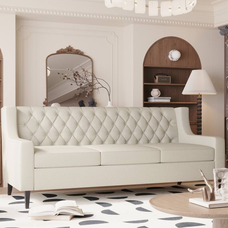 Mid-Century Modern 3-Seater Sofa with Button Tufted Backrest and Plush Cushions