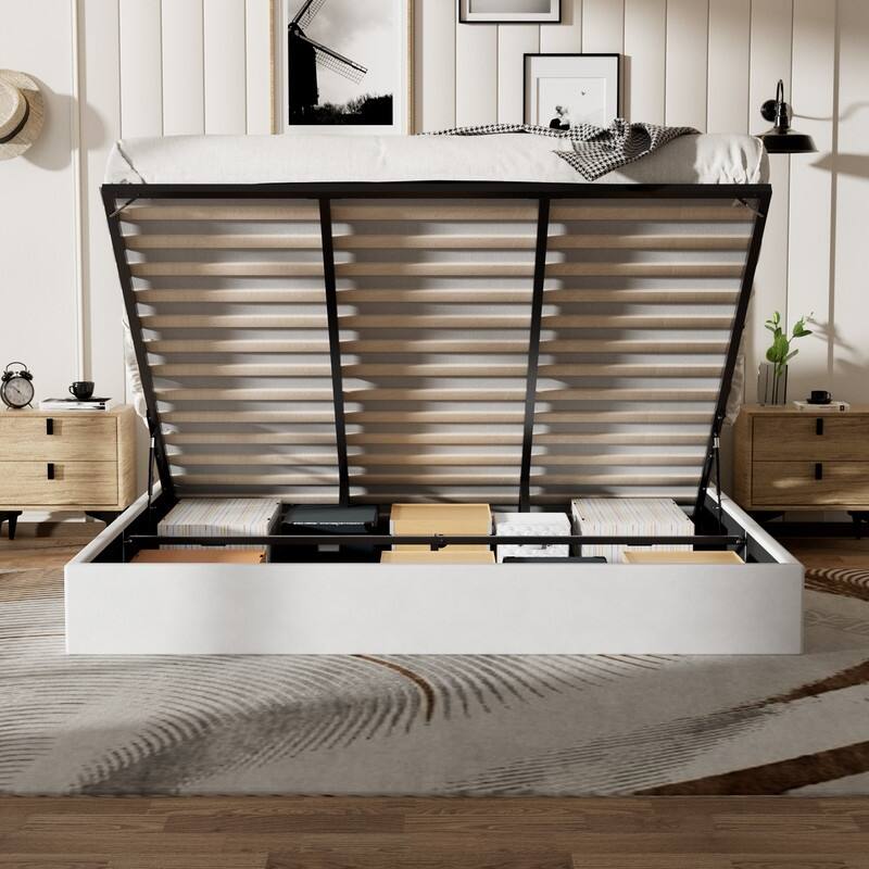 Plywood Frame Upholstered Platform Bed with Lift-up Storage