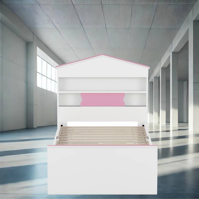 Fun House-Shaped Twin Platform Bed with Storage Drawers and Headboard Shelf, Brown and White - Pink