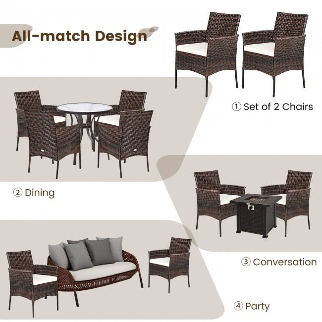 2 Pieces Rattan Arm Dining Chair Cushioned Sofa Furniture Patio - 25'' x 23'' x 33'' (L x W x H)