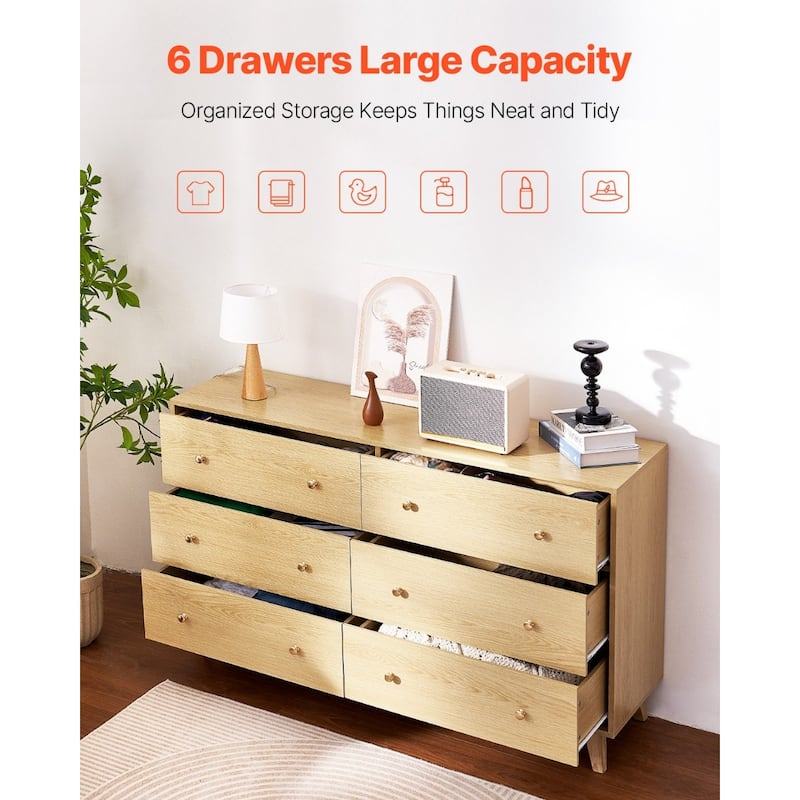 Light Wood Particleboard MDF Rubberwood Dresser 6 Drawers Modern Metal Handles