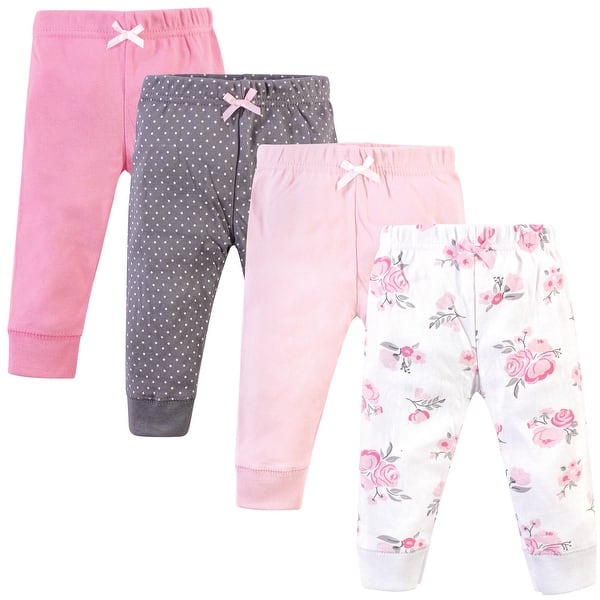slide 1 of 1, Hudson Baby Infant Girl Cotton Pants 4pk, Basic Pink Floral 9-12 Months - Basic Pink Floral