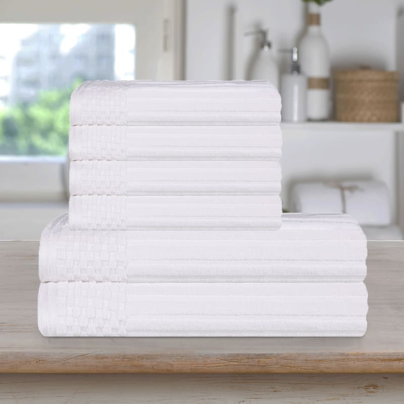 Superior Ribbed Cotton Absorbent Heavyweight Hand Towel and Bath Towel Set - White