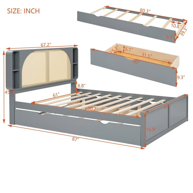 Queen Bed with Rattan Headboard, 2 Drawers & Pull-Out Trundle, Elegant Design