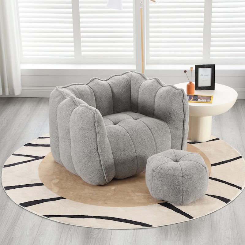 Chenille Upholstered Square Lazy Sofa Chair with Ottoman - Grey