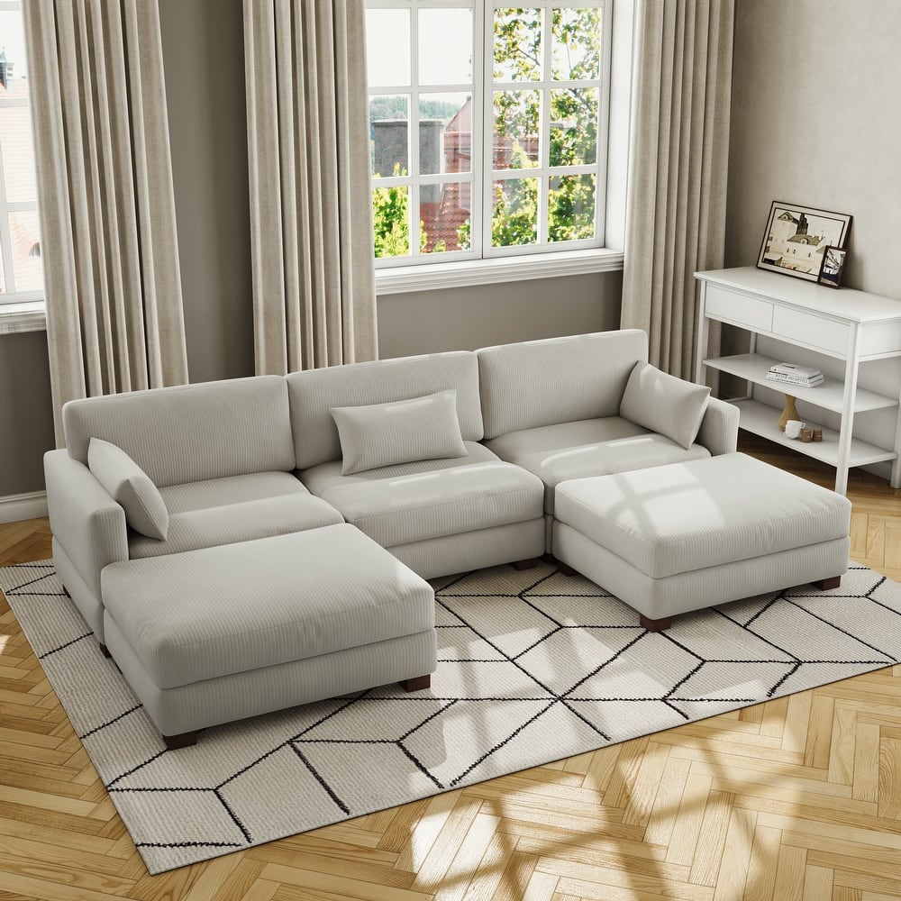 Corduroy Modular Sectional Sofa Couch With Chaise Ottoman