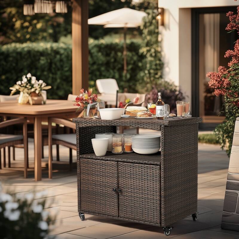 Outdoor Bar Cart with Storage Cabinet and Rolling Wheels - 39.4" x 21.7" x 34.6"