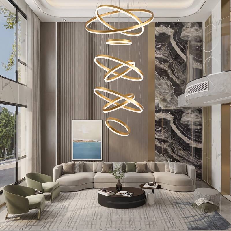 Modern 8 Ring LED Chandelier Dimmable High Ceiling Chandelier