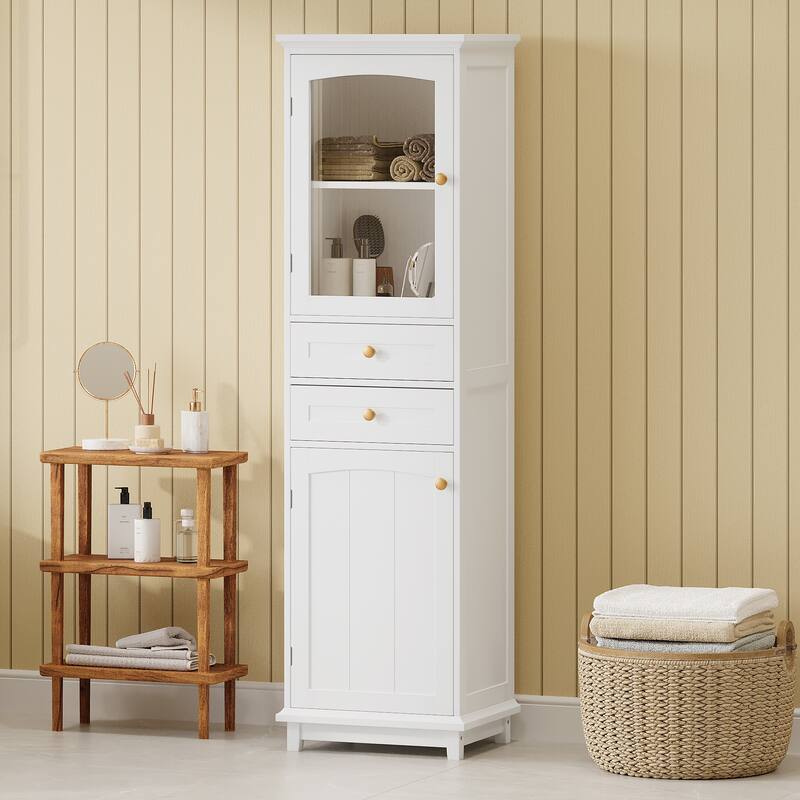 Tall Bathroom Storage Cabinet with Glass Doors, Free-Standing Sideboard, Organizer Cabinet with 2 Drawers & Adjustable Shelves