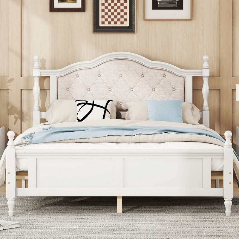 Pine Wooden Platform Bed with Upholstered Headboard and Panel Footboard,Queen Size