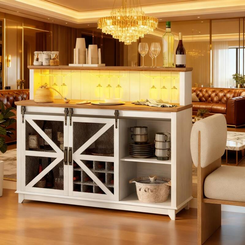 55" Farmhouse Coffee Bar, Wine Bar Cabinet Storage Sideboard with Barn Doors