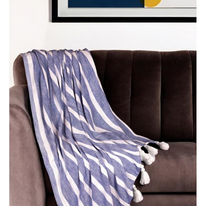 HomeRoots 50" X 60" Blue and White Woven Cotton Striped Throw Blanket with Tassels - Throw - Blue and White