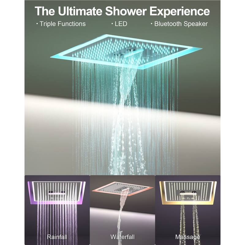 GRANDJOY Shower Faucet System 16 inch Ceiling Mount Shower Head 3 Spray Modes Handheld Spray with Slide Bar LED Music