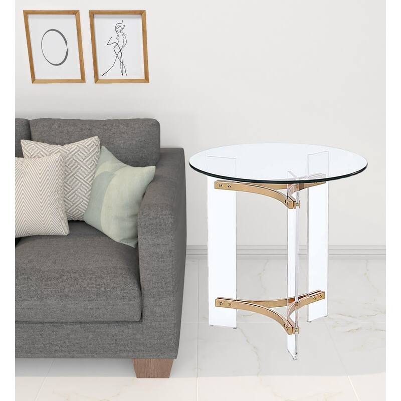 24" Tall Modern Gold and Clear Glass Round End Side Table for Living Room or Bedroom Decor - 23"L x 23"W x 24"H
