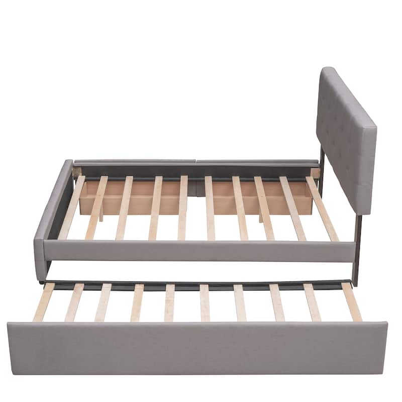 Queen Size Upholstered Platform Bed with 1 Twin XL Trundle and 2