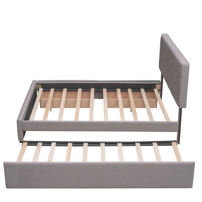 Queen Size Upholstered Platform Bed with 2 Drawers and Twin XL Trundle, Linen Fabric, Light Gray