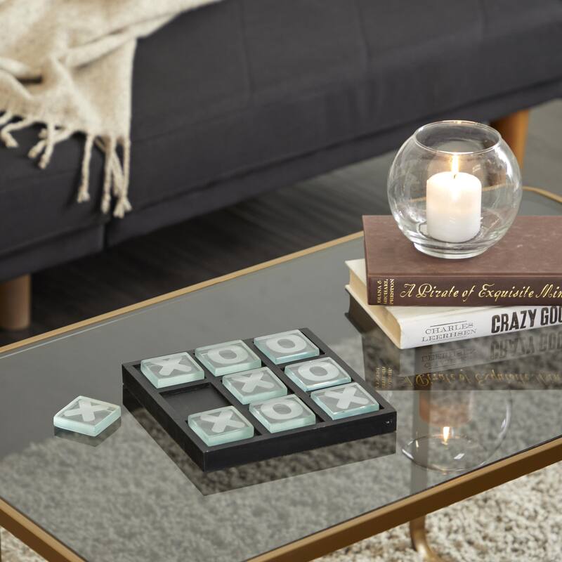 Wooden Tic Tac Toe Block Game Set with Steel or Light Wood Pieces - Black, Dark Brown, Gold - Roche River Decor