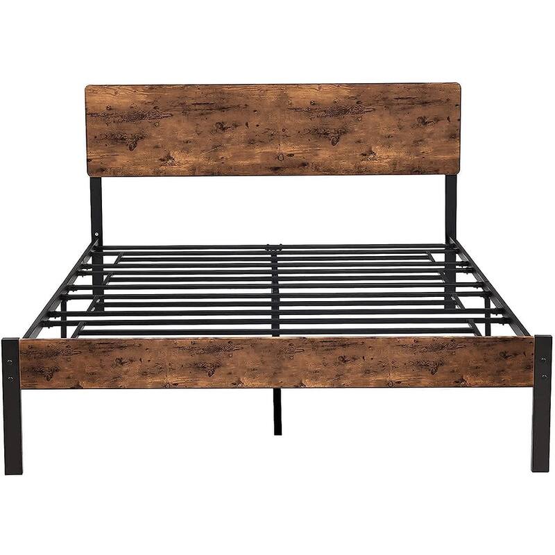 Metal Platform Bed Frame with Wooden Headboard and Footboard