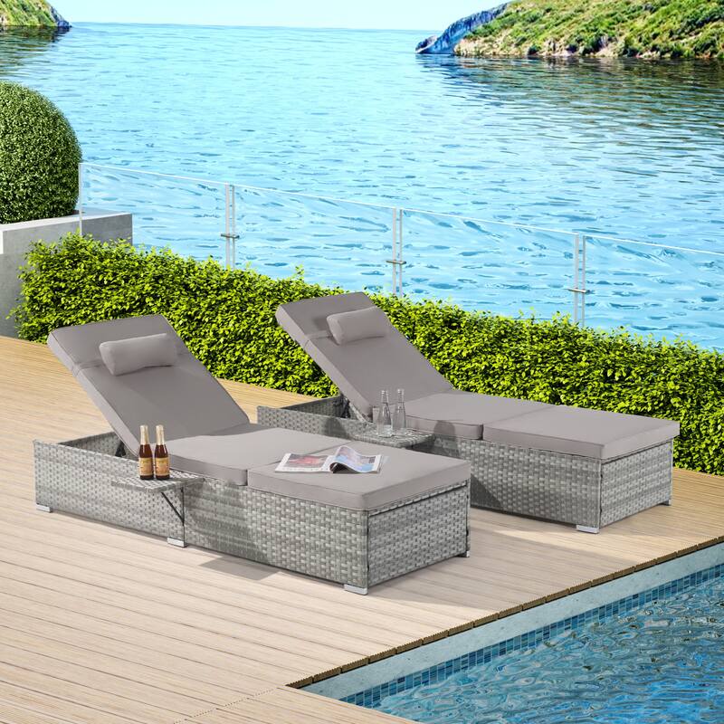 Outdoor Chaise Lounge Chair Set of 2 with Storage Patio Pool Chairs Tanning Lounges for Outside, Beach Rattan Recliners - Taupe