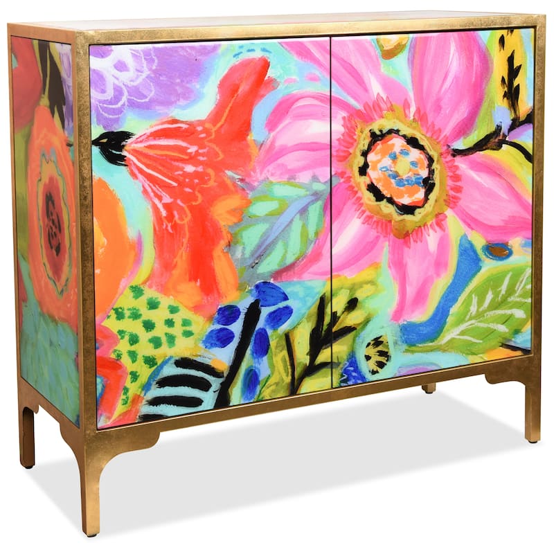 "Secret Garden Floral" Cabinet Console Table on Beveled Reverse Printed Art Glass with Iron Gold Leafed Frame