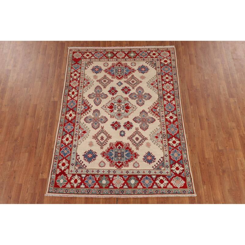 Geometric Kazak Oriental Rug Hand-Knotted Bedroom Wool Carpet - 5'0" x 6'10"