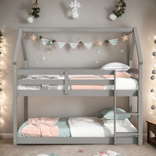 slide 2 of 24, Elegant Twin over Twin Loft Bed with Roof Design, Safety Guardrail and Ladder, Solid Construction & Versatility Galore, White