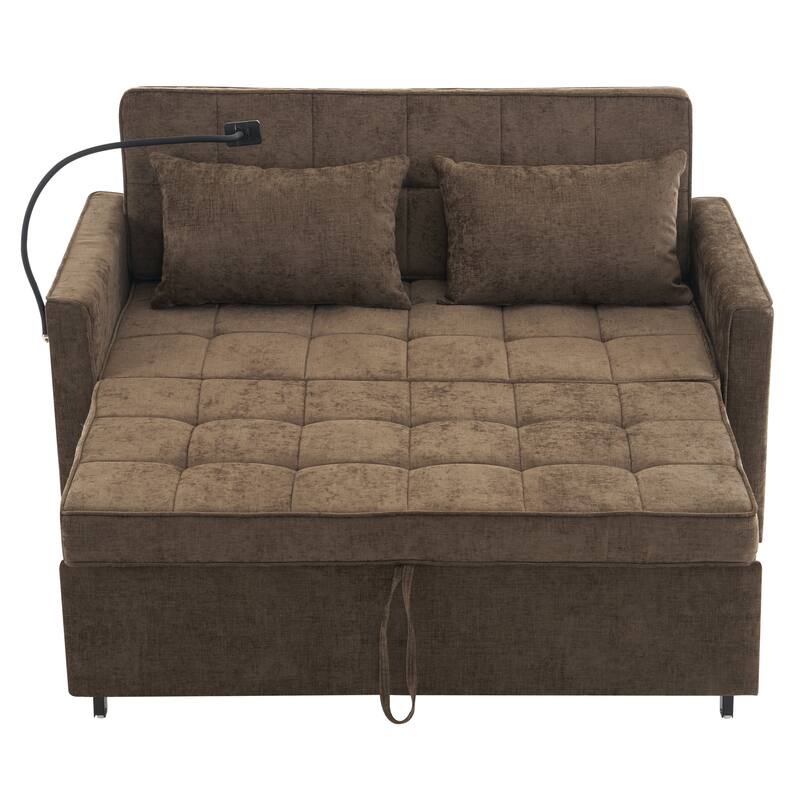 Loveseat Convertible Pull-out Sleeper Sofa Bed, with Reversible Backrest Cushion 2 USB Ports and Pockets Sleeper Couch