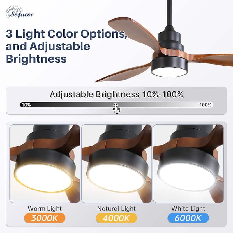 Sofucor 48"/52" Indoor Wood Ceiling Fan Light with Remote, Integrated Light Optional