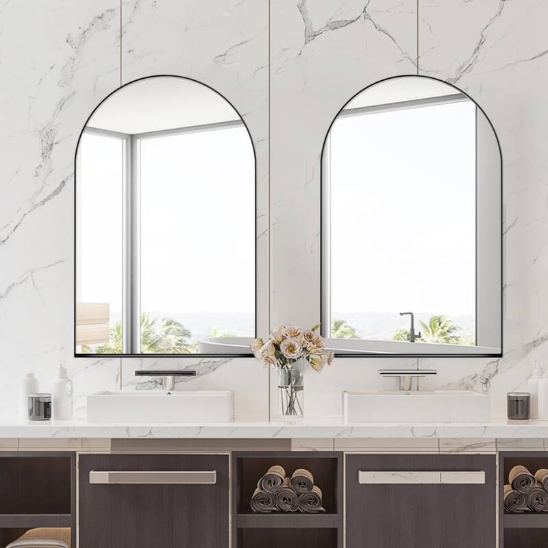24x36 Inch Arched Bathroom Medicine Cabinet with Mirror, Metal Framed Recessed Wall Cabinet with Mirror